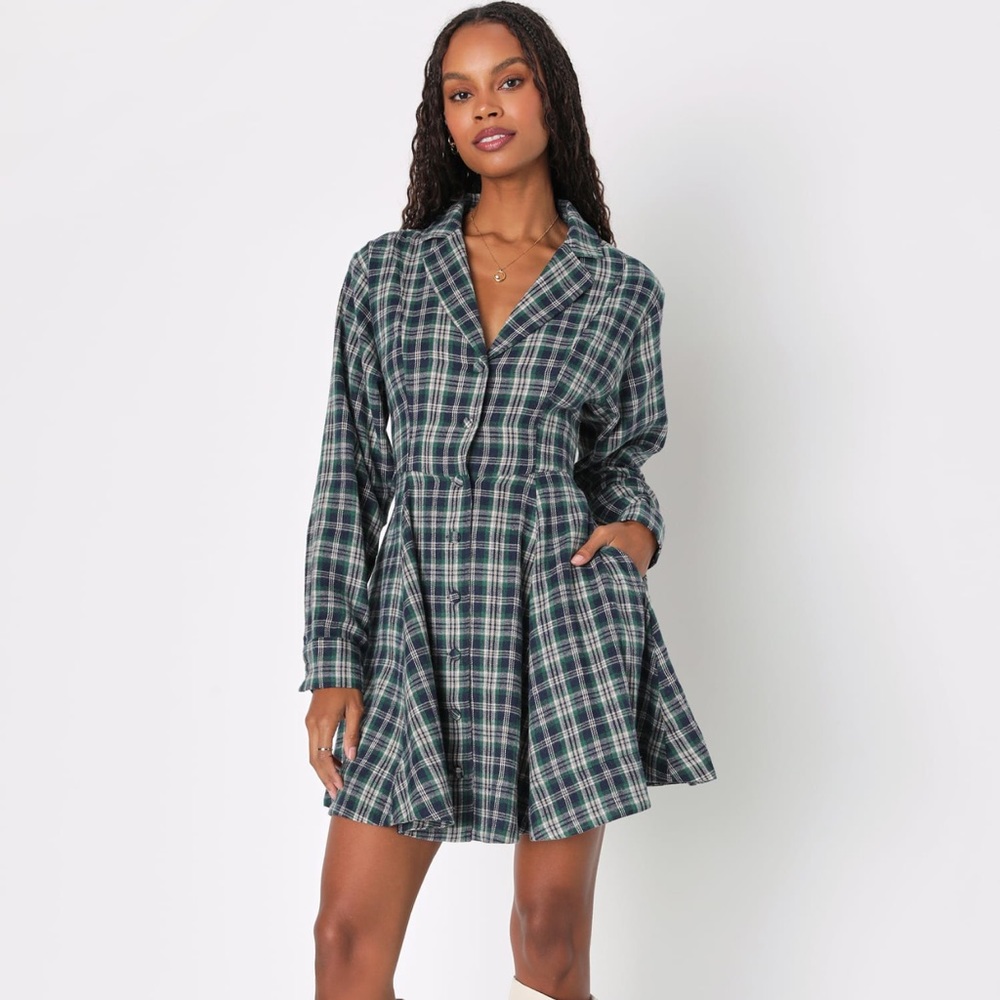NWT Lulus Navy Blue Plaid Skater Mini Dress With Pockets
